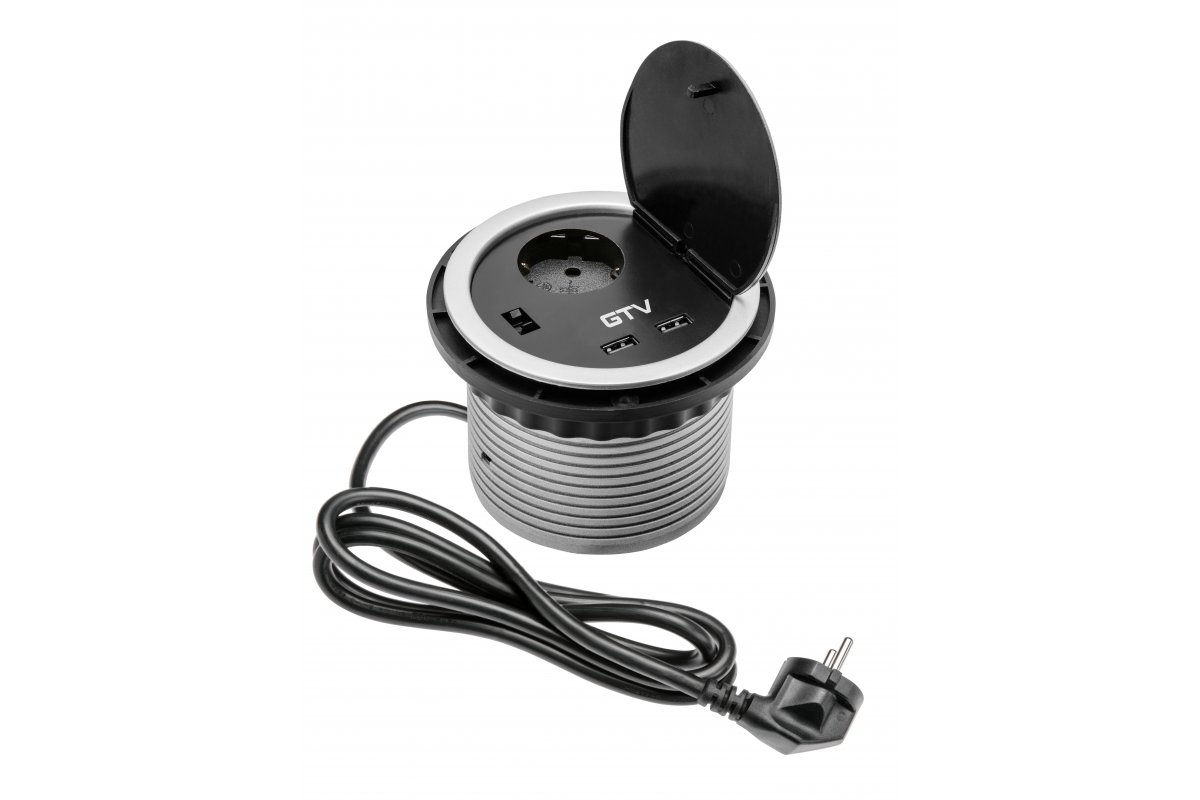 Furniture socket CHARGER, Ø100 mm, 1xSHUKO, 2xUSB-A 2A, cable 1.5 m, gray