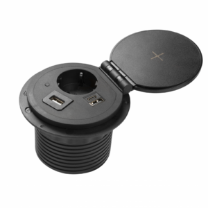 Furniture socket CHARGER PLUS, Ø80 mm, 1xSHUKO, USB A+C, in the set three replaceable modules (USB-A, HDMI, RJ45), cable 1.5 m, black