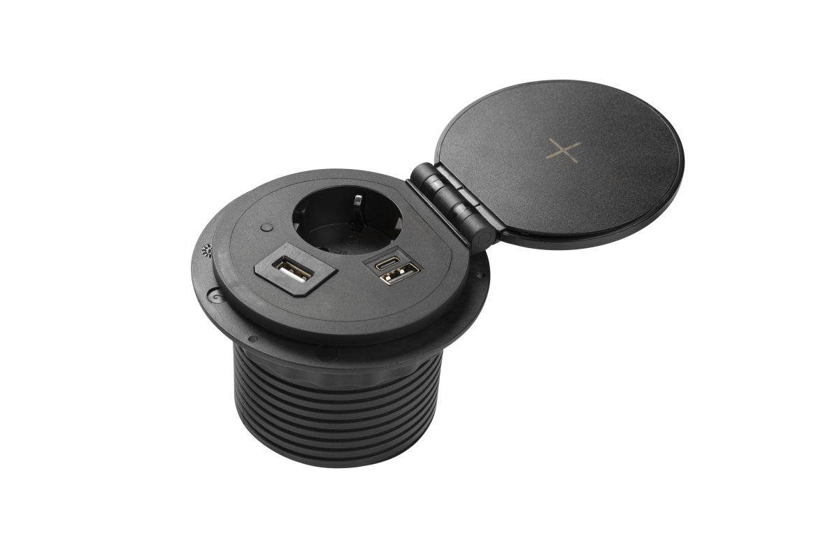 Furniture socket CHARGER PLUS, Ø80 mm, 1xSHUKO, USB A+C, in the set three replaceable modules (USB-A, HDMI, RJ45), cable 1.5 m, black