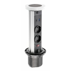 Furniture socket CAMINO, Ø80 mm, 2xSHUKO, USB A+C, inductive charging device 10 W, cable 1.5 m, white