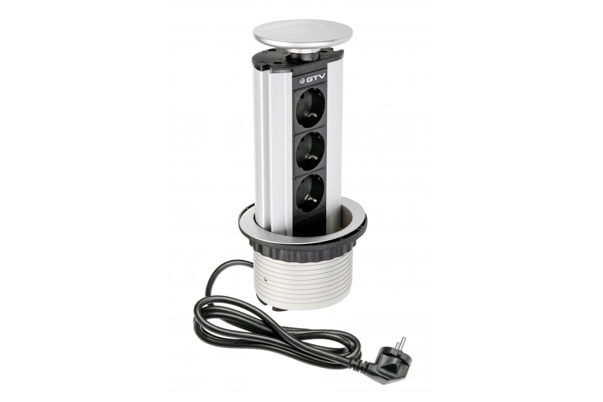 Furniture socket, Ø100 mm, 3xSHUKO, cable 1.8 m, aluminum