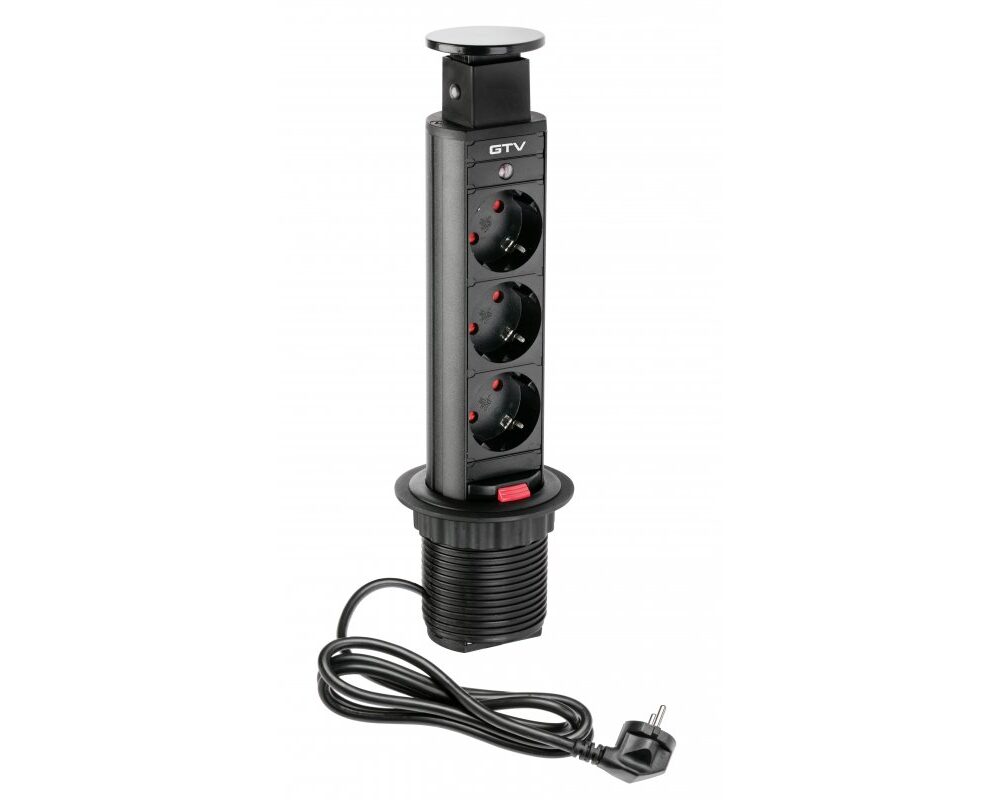 Furniture socket, Ø60 mm, 3xSHUKO, cable 1.8 m, black