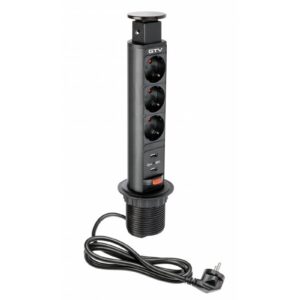 Furniture socket, Ø60 mm, 3xSHUKO, 2xUSB-A 2.1A, cable 1.8 m, black