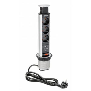 Furniture socket, Ø60 mm, 3xSHUKO, 2xUSB-A 2.1A, cable 1.8 m, aluminum