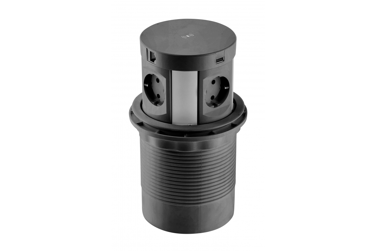 Furniture socket COMFORT PLUS, Ø120 mm, 4xSHUKO, 2xUSB-A 3.1A, 2xRJ45, inductive charging device 5 W, cable 1.5 m, black