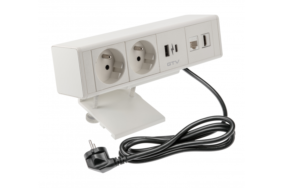 Furniture socket BAR, 2x French socket, 1xUSB A, 1xUSB C. 1xRJ45,1xHDMI,, cable 1.5m, white