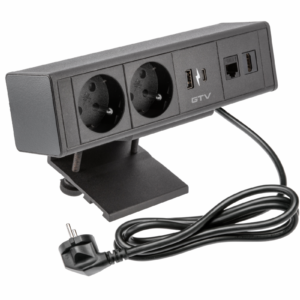 Furniture socket BAR, 2x French socket, 1xUSB A, 1xUSB C. 1xRJ45, 1xHDMI, cable 1.5m, black