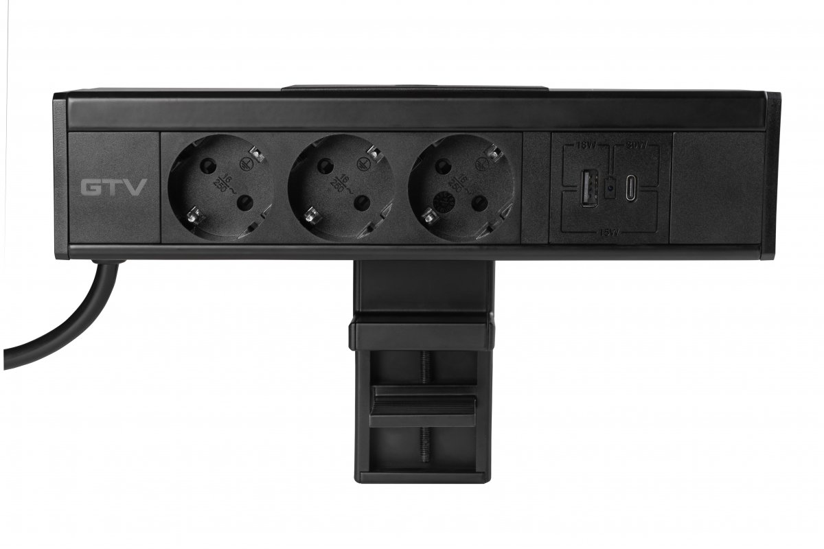 Nico furniture socket, 3 x Schuko socket, USB A+C, 1.5m cable, black with mounting