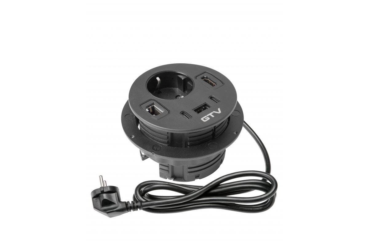 Furniture socket RONDO, 1xSHUKO, 1xUSB-A, 2xUSB-C, HDMI, RJ45 cable 1.5 m, black