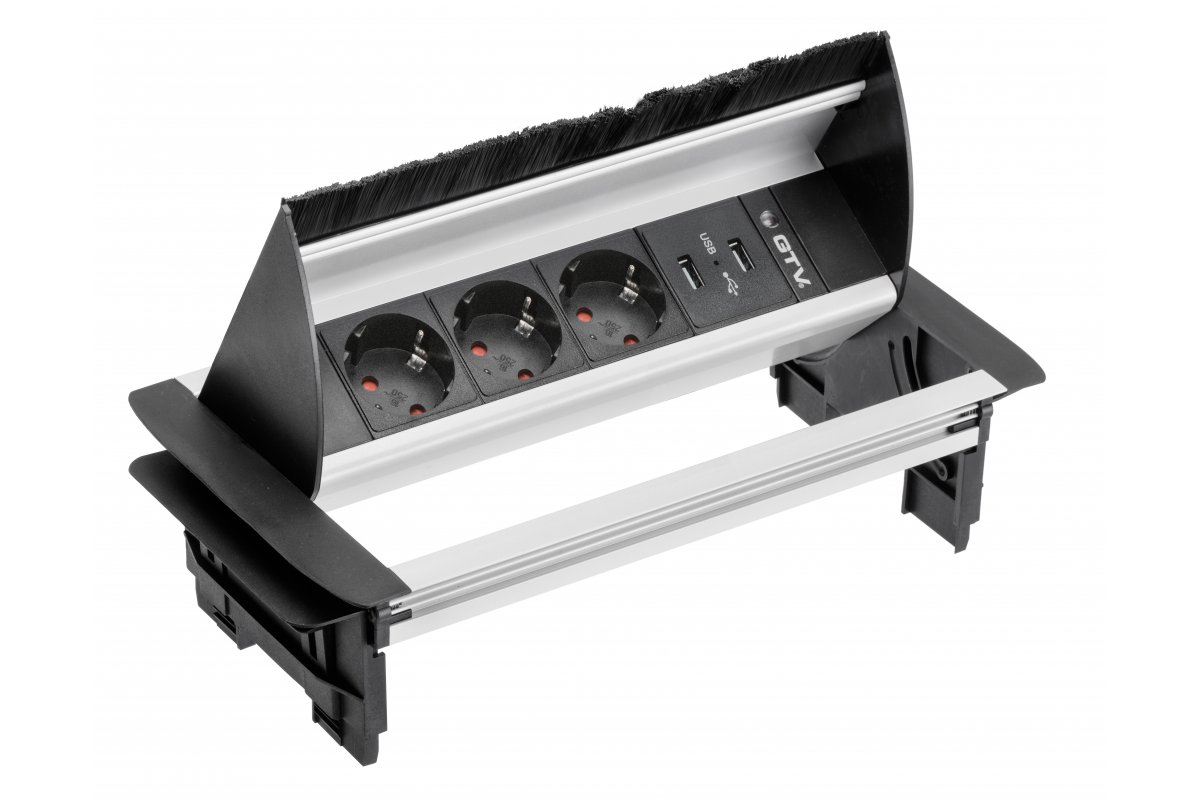 Furniture socket with brush, 3xSHUKO, 2xUSB-A 2.1A, cable 1.5 m, aluminum