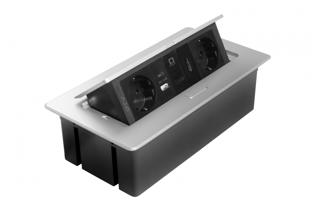 Furniture socket MULTISOFT, 2xSHUKO, USB A+C, RJ45, HDMI cable 1.5 m, aluminum