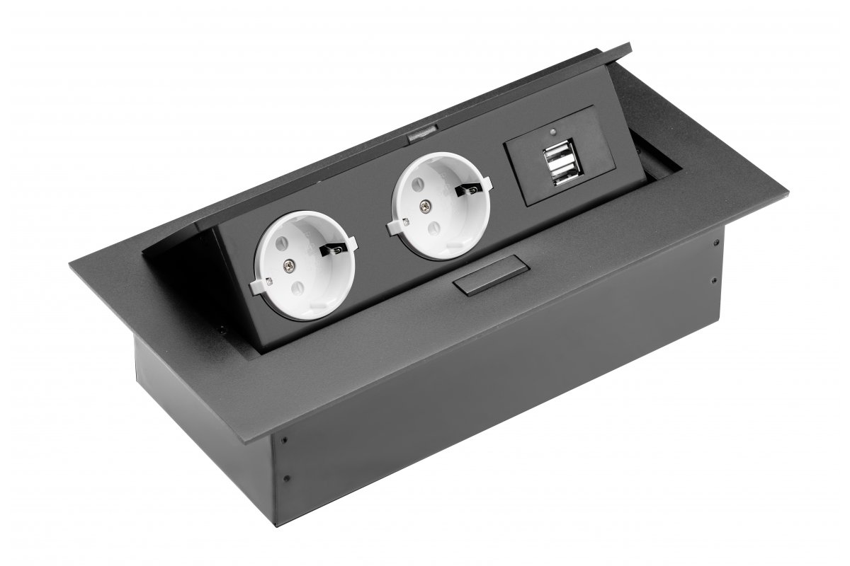 Desktop extension cable, 2x schuko socket, 2xUSB, without cable, black