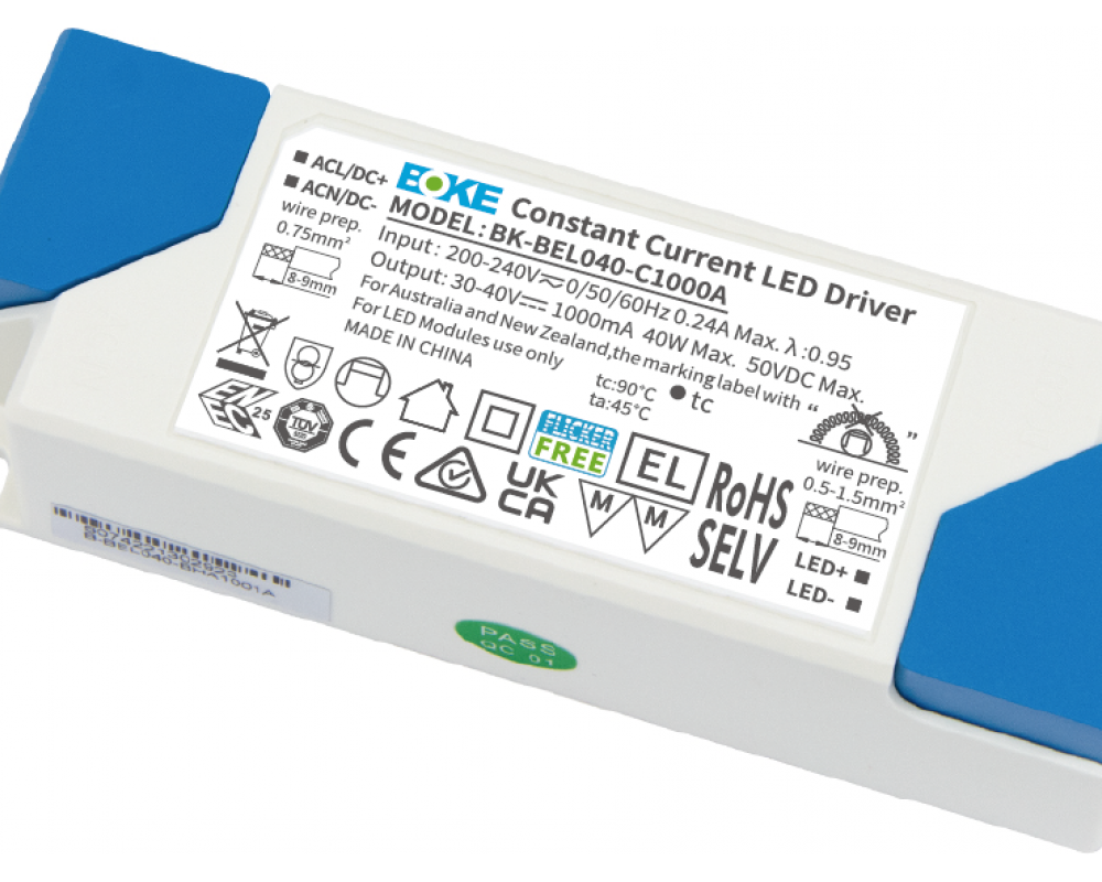 LED power supply for panels 1000 mA, input 220-240 V AC, 50/60 Hz, output 30-40 V DC, max. 40 W, BOKE