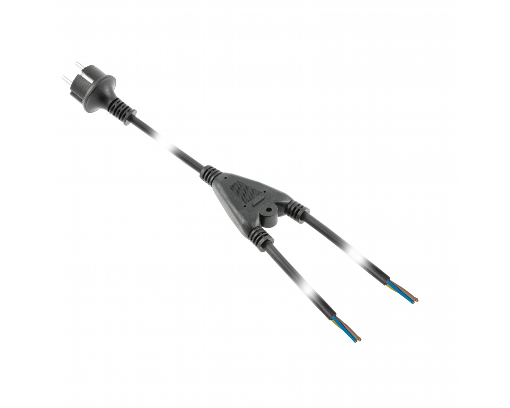 Power cable splitter (double) with Euro plug, rubber, 2 m, 3x1mm2, black