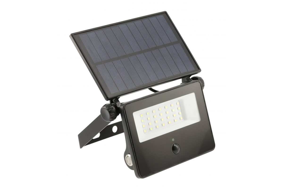 LED solar floodlight with motion sensor LUMOS II, 2000 lm, 6400K, 2600 mAh replaceable, IP65, black