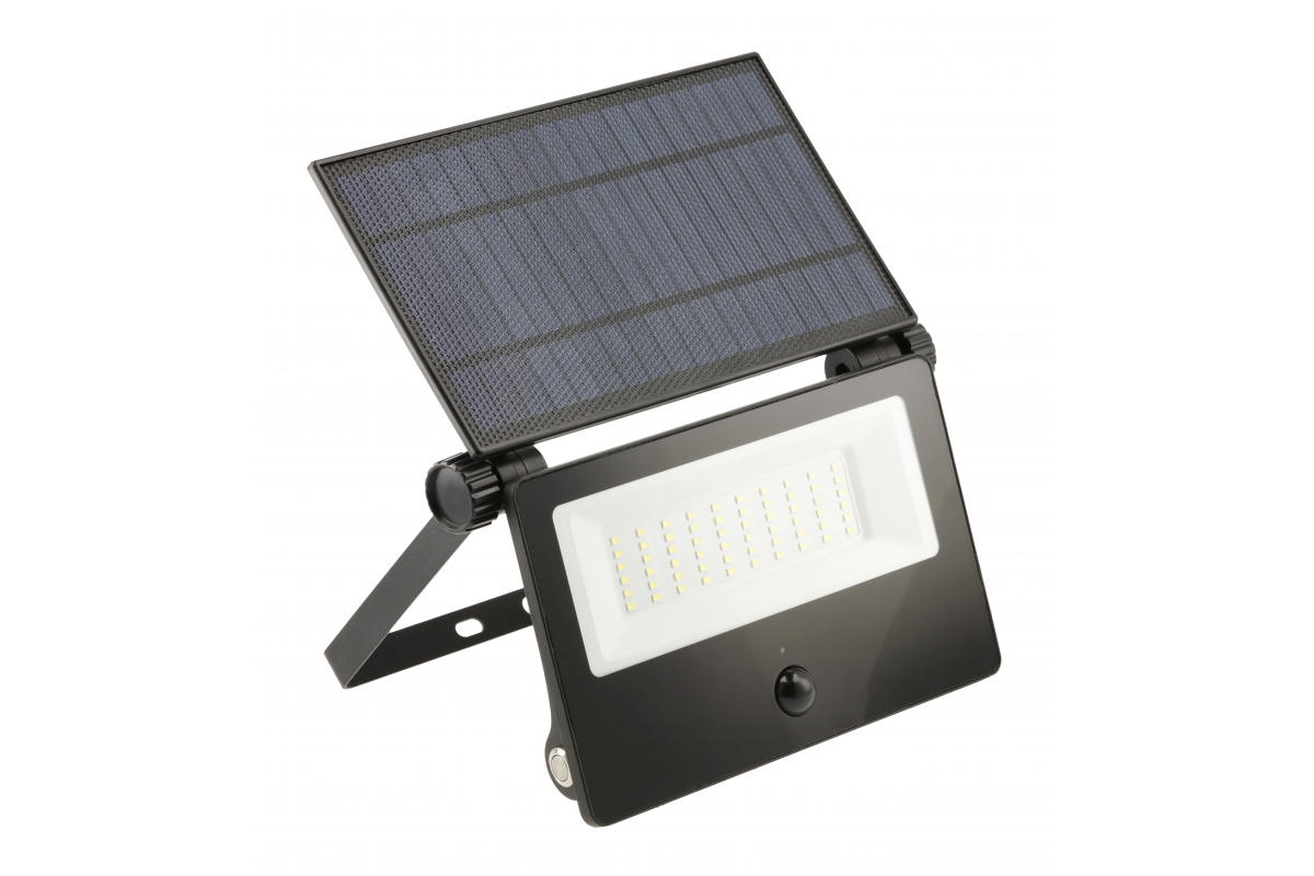 LED solar floodlight with motion sensor LUMOS II, 3000 lm, 6400K, 2x2600 mAh replaceable, IP65, black