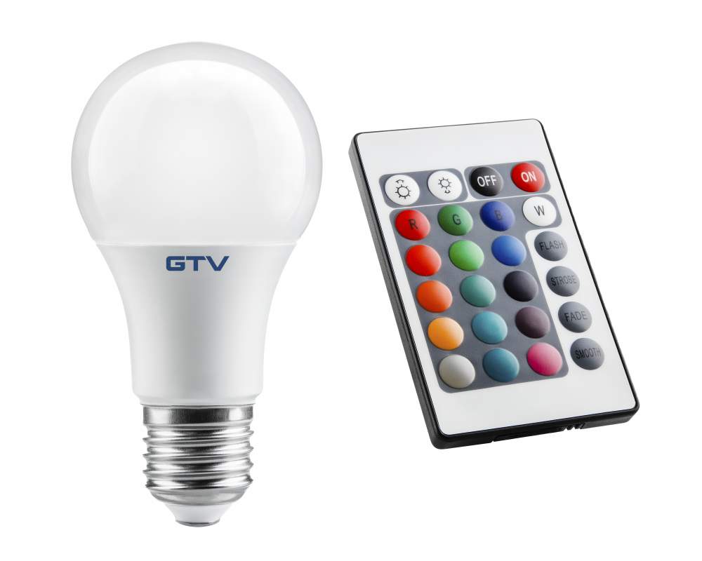 LED Bulb E27 RGBW, A60, 9 W, 830 lm, AC220-240V, 200°, remote control