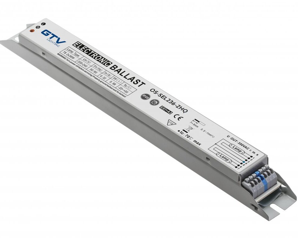 Electronic ballast for luminaires 2x36W, T8, EEI=A2, PF>0.98, AC220-240V, 50/60Hz
