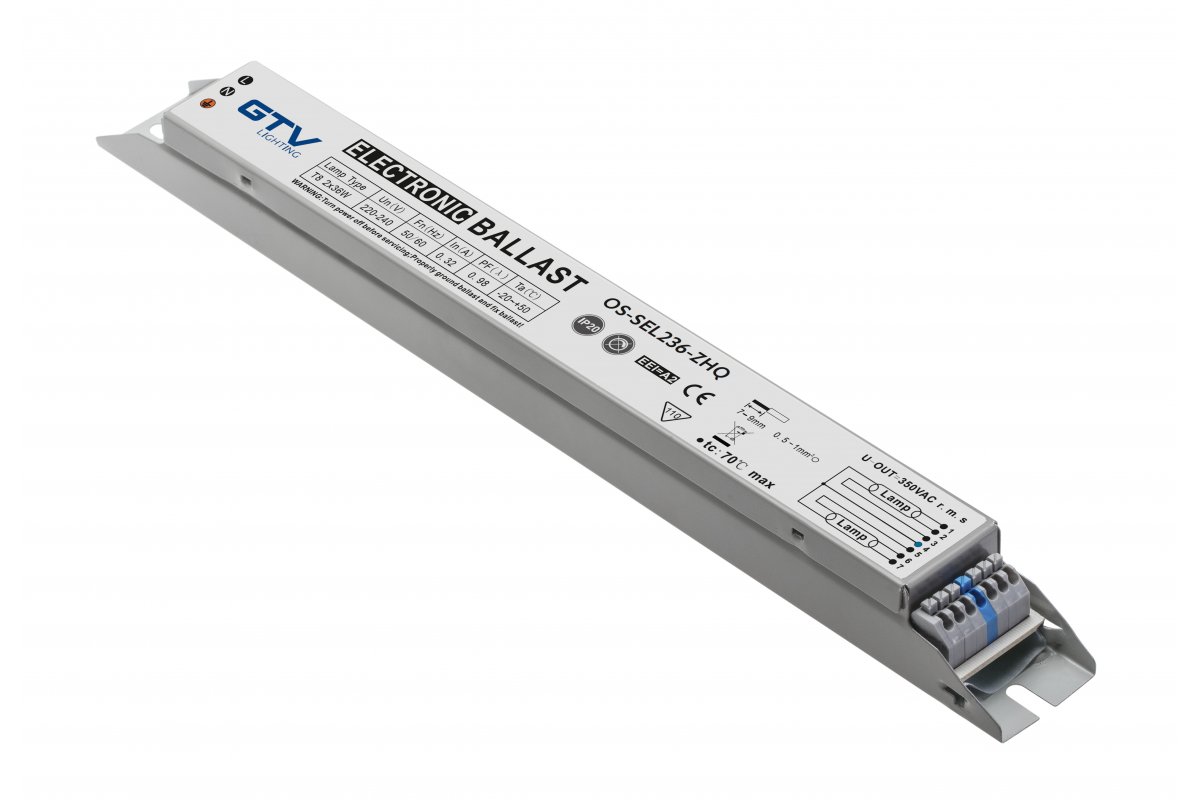 Electronic ballast for luminaires 2x36W, T8, EEI=A2, PF>0.98, AC220-240V, 50/60Hz