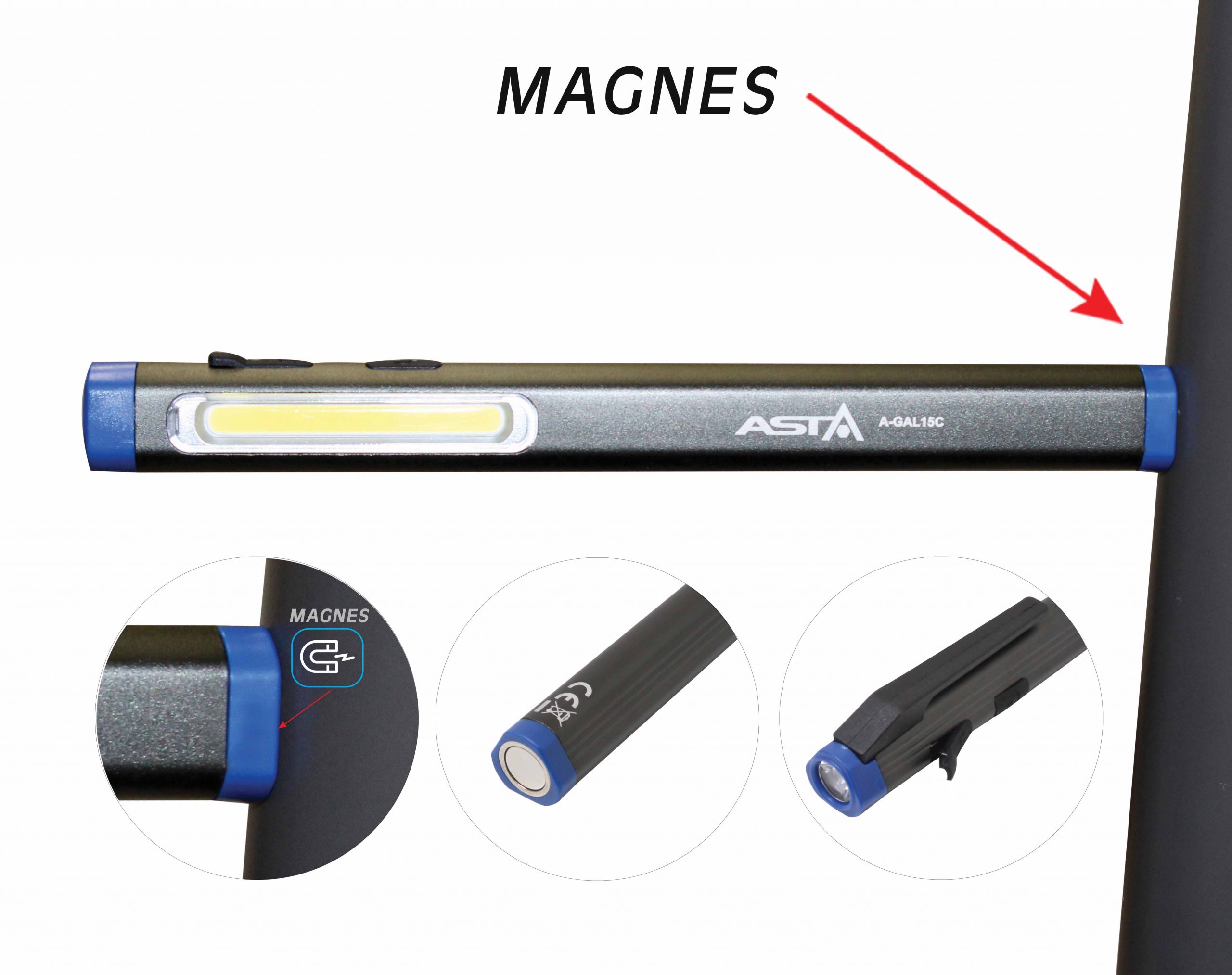 A-GAL15C High quality rechargeable LED COB 300LM pen light equipped with flashlight function, magnet and hanging clip. - Image 8