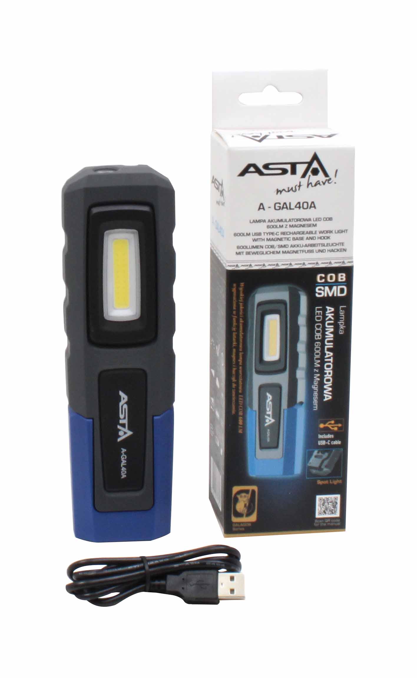 A-GAL40A High quality rechargeable LED COB 600LM workshop lamp equipped with flashlight function, magnet and hanging hook. - Image 9